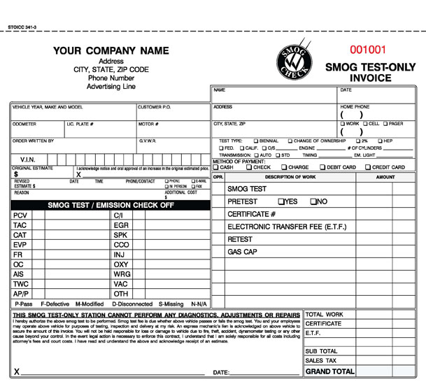 California Smog Test Only Invoice STOICC-341-3