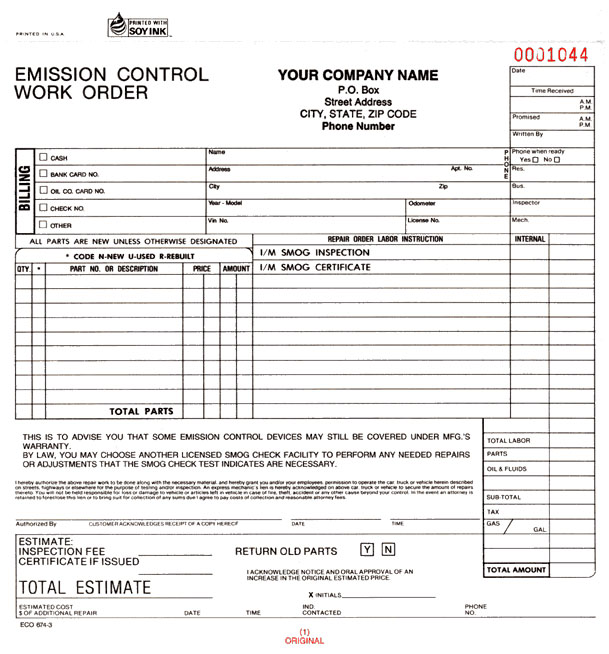 Emission Control Work Order ECO-674