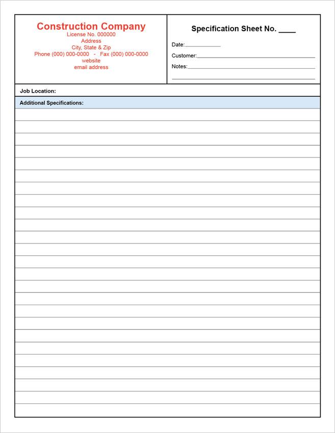 Customizable Specification Sheet