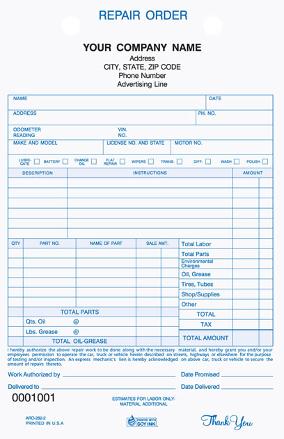 Auto Repair Order Register Form ARO-282