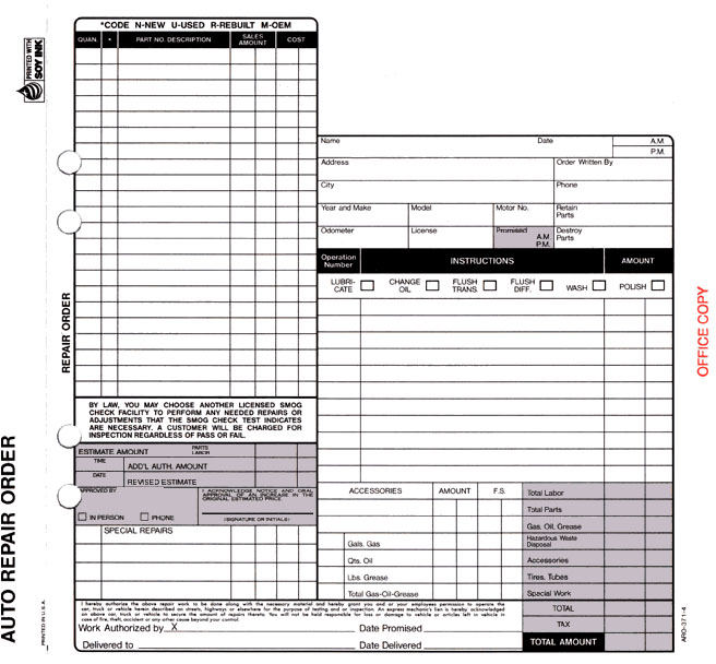 California Auto Repair Order ARO-371-4