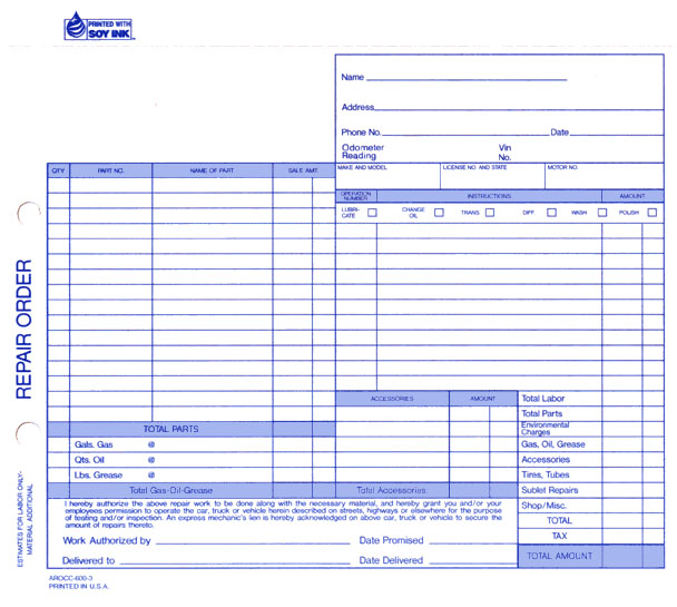 Auto Repair Order AROCC-600-3