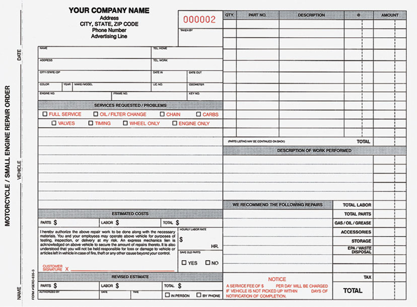 Compact Repair Order Forms for Auto Repair Shops