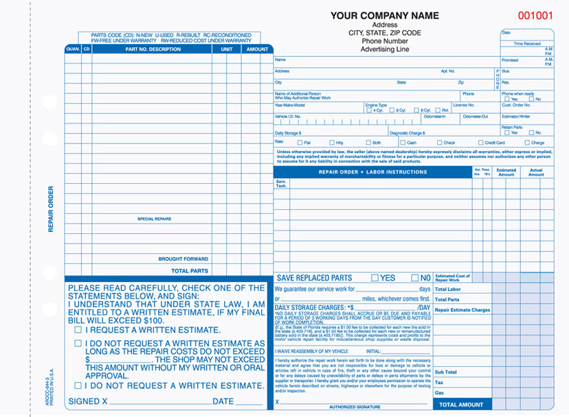 Florida Auto Repair Order ARO-637