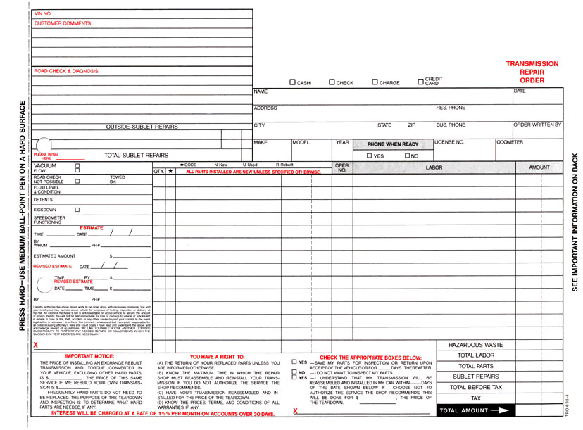 Transmission Repair Order TRO-638-4