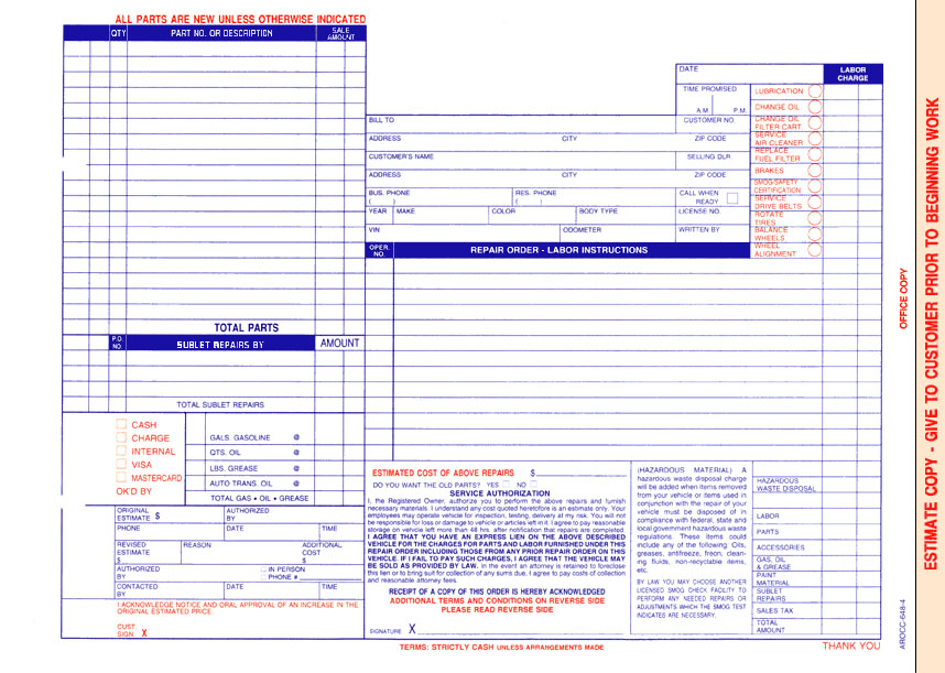 Auto Repair Order AROCC-648-4