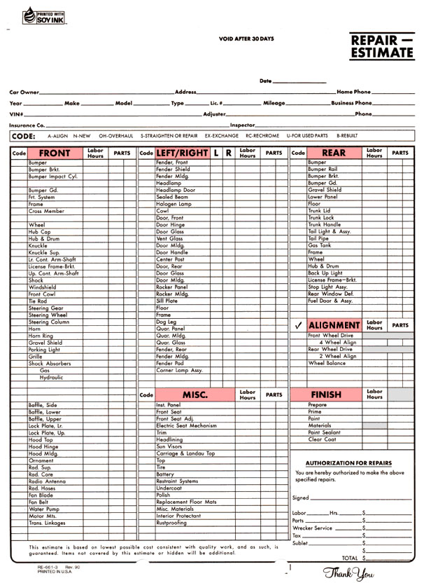 Repair Estimate - Check List