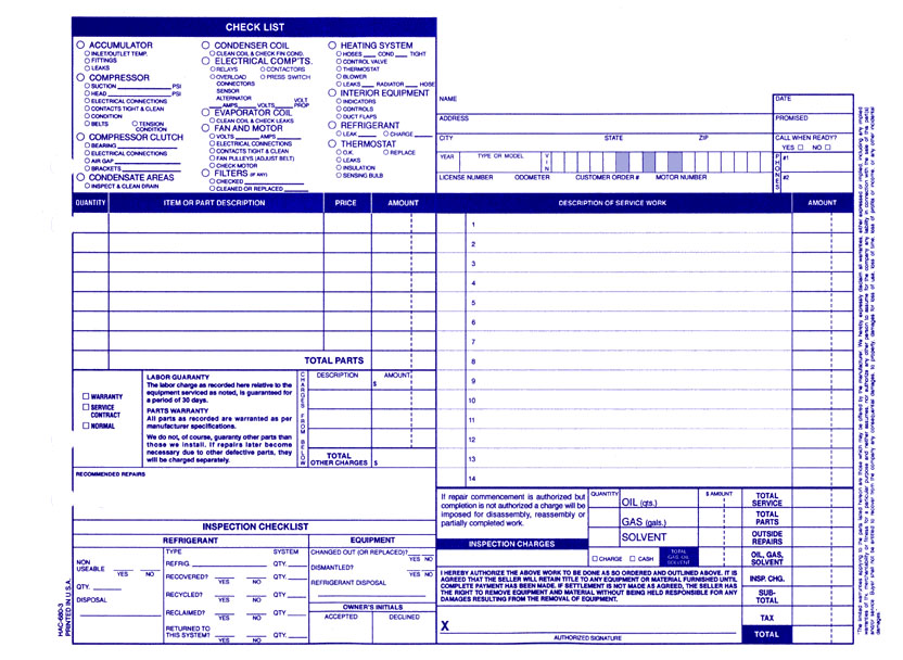 Auto HAC Repair Order HAC-680-3