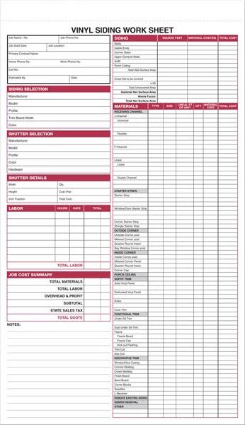 Vinyl Siding Work Sheet