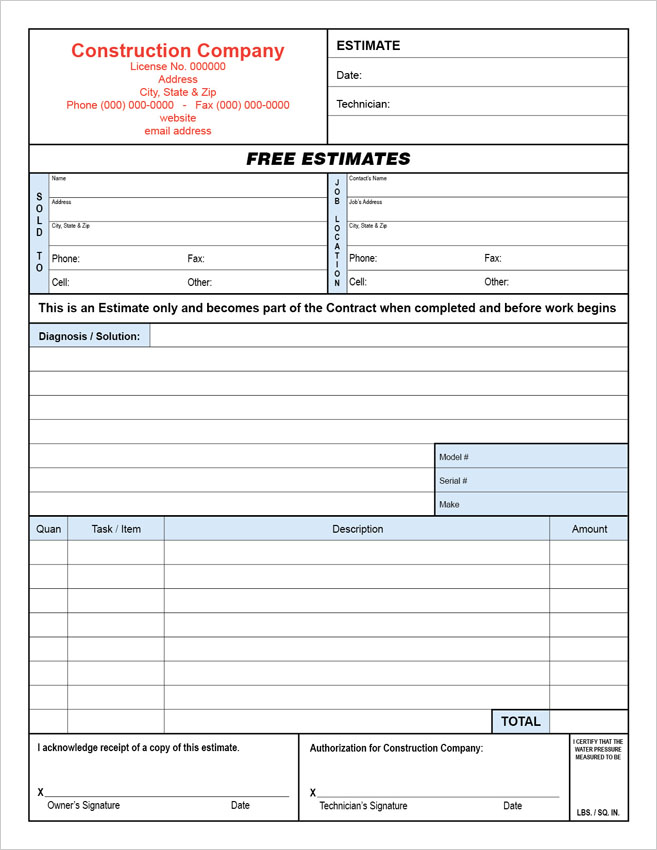 Task Based Plumbing Estimate