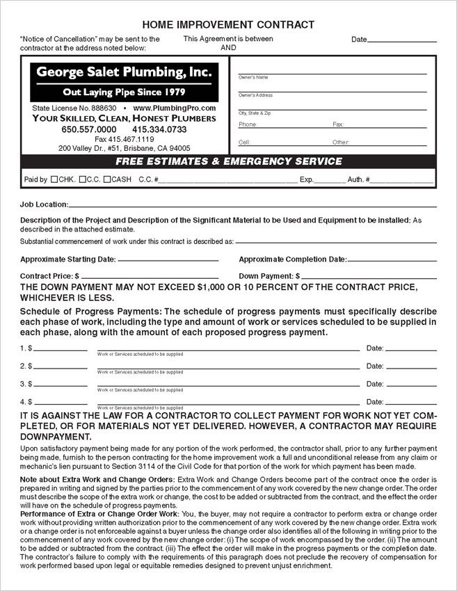 Custom Printed California Home Improvement Contract