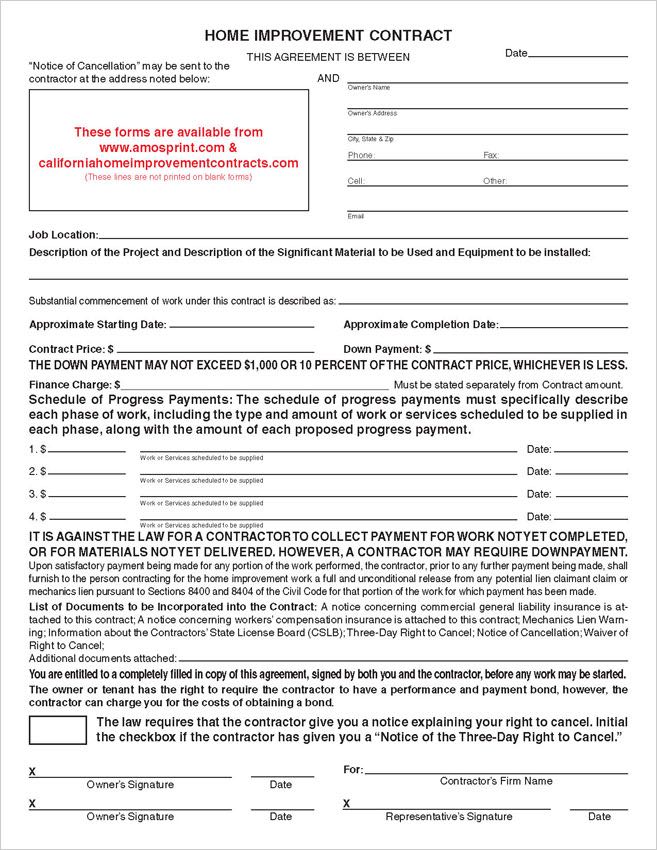 Ready to Use Printed California Home Improvement Contracts