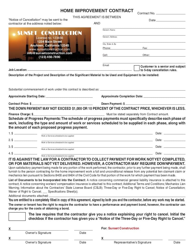 Word Pdf Home Improvement Contract Forms