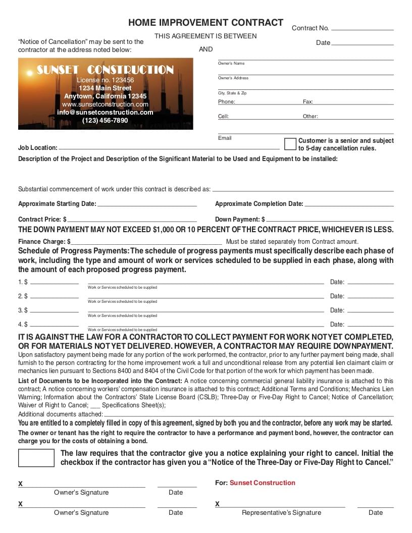 Personalized PDF California Home Improvement Contract