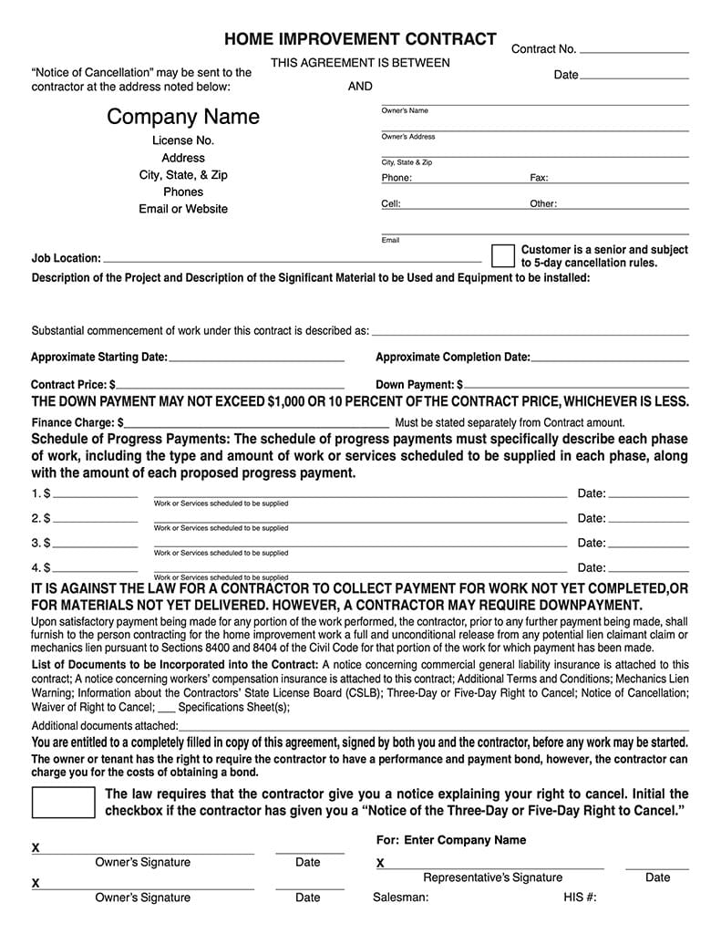 Ready-to-Use PDF California Home Improvement Contract with HIS