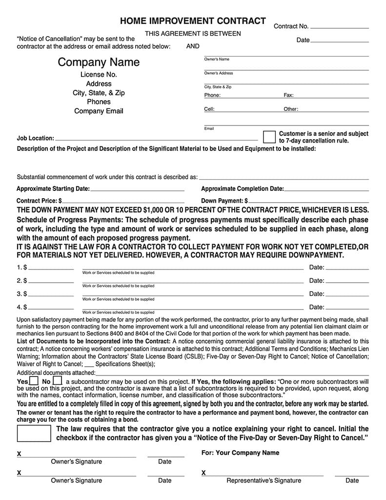 Ready-to-Use PDF California Home Improvement Contract