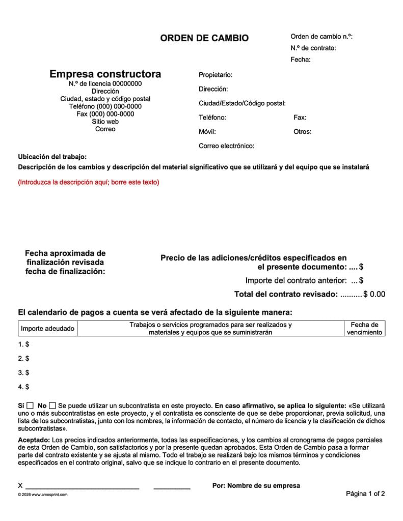 Spanish Ready-to-Use Word Change Order Form