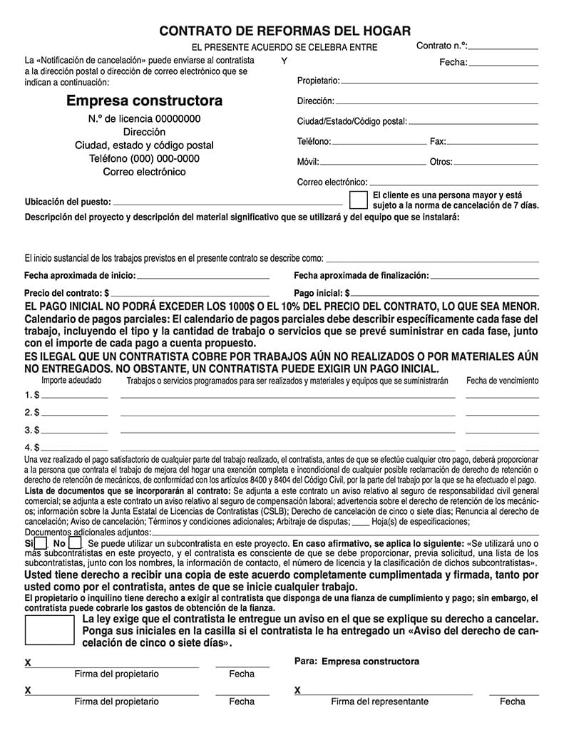 Spanish Ready-to-Use PDF California Home Improvement Contract