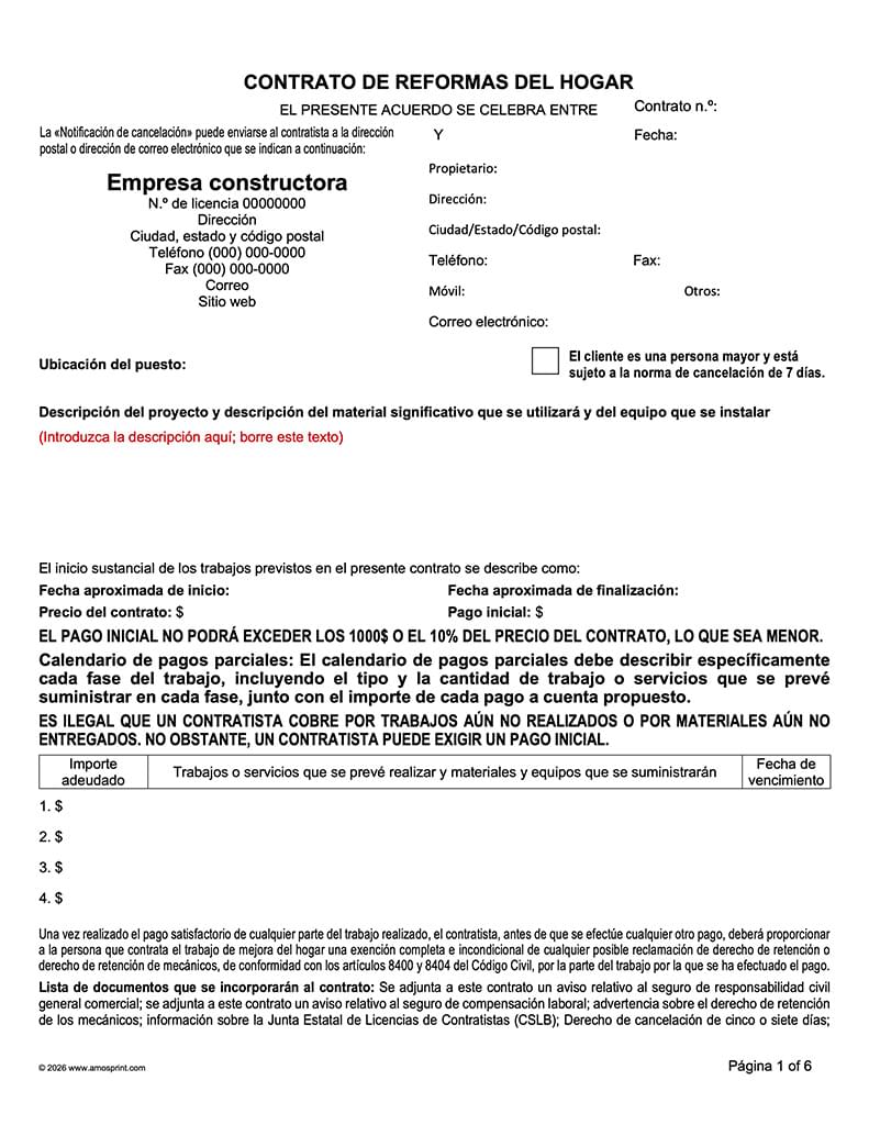 Spanish Ready-to-Use Word California Home Improvement Contract